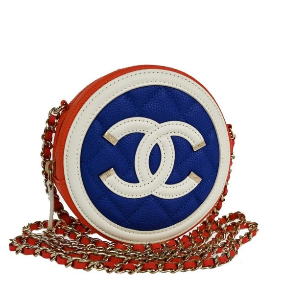 CHANEL CC Filigree Chain Tricolor Mini Shoulder Bag Caviar Leather Red 373RJ188 - Picture 1 of 16